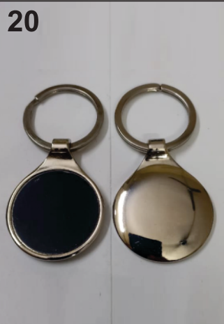 K20 keychain with metallic silver frame.