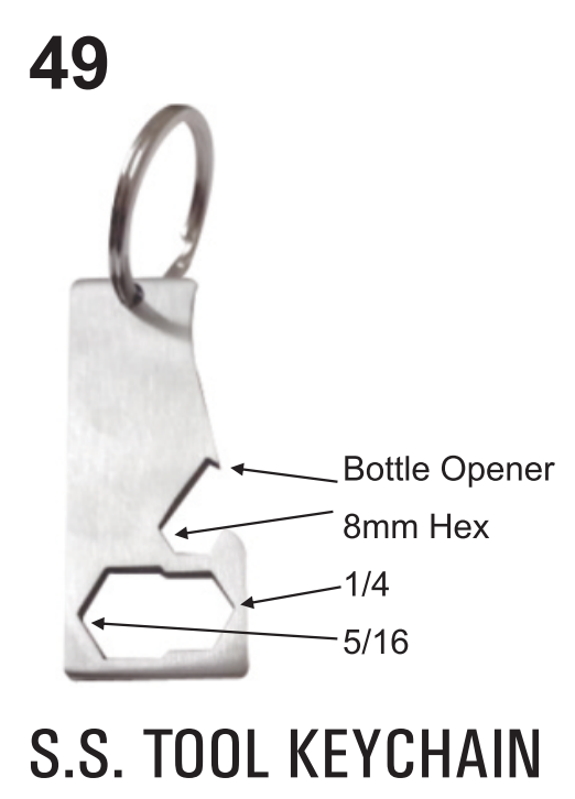 K49 metallic keychain with unique design and light weight. Bottle opener and Tool keychain.