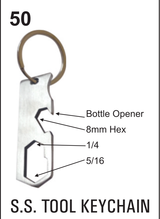 K50 metallic keychain with unique design and light weight. Bottle opener and Tool keychain.