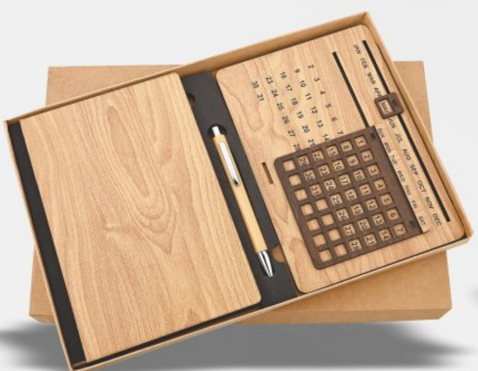 CSPK256 Wooden Diary, Pen & Lifetime Calender Set Wooden Look.