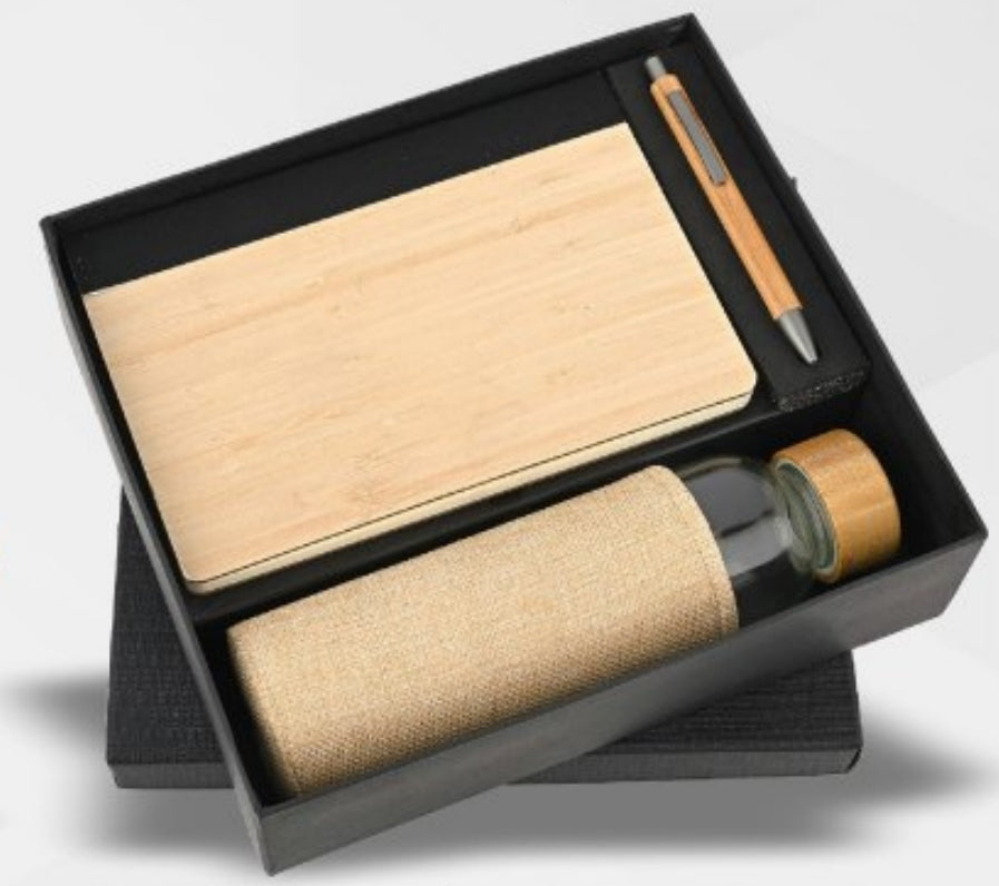 CSPK259 Wooden Diary, Pen & Glass Bottle With Jute Cover Set Wooden Look.