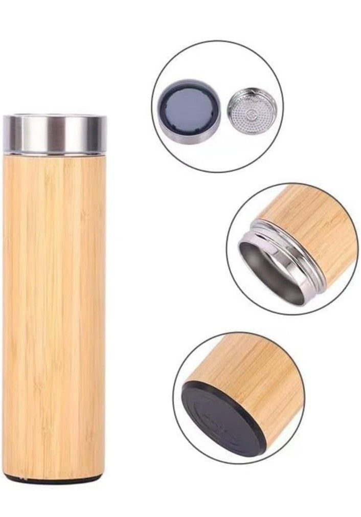 BWBST2WALL03 Bamboo Water Bottle with Stainless Steel Tea Infuser Double Wall Insulated Wooden Flask - Leakproof Thermos Tumbler - Keeps Drinks Hot for 12 Hours and Cold for 24 Hours - 500ml