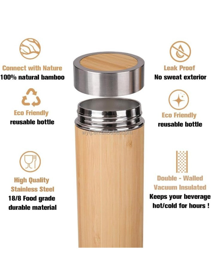 BWBST2WALL03 Bamboo Water Bottle with Stainless Steel Tea Infuser Double Wall Insulated Wooden Flask - Leakproof Thermos Tumbler - Keeps Drinks Hot for 12 Hours and Cold for 24 Hours - 500ml