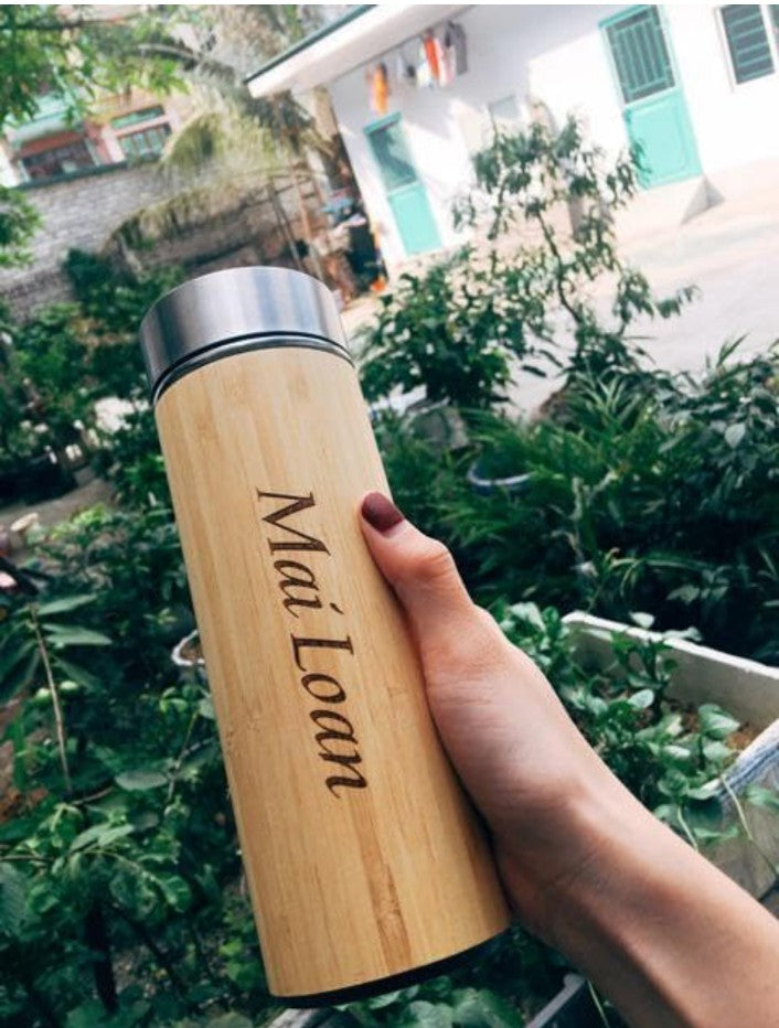 BWBST2WALL03 Bamboo Water Bottle with Stainless Steel Tea Infuser Double Wall Insulated Wooden Flask - Leakproof Thermos Tumbler - Keeps Drinks Hot for 12 Hours and Cold for 24 Hours - 500ml