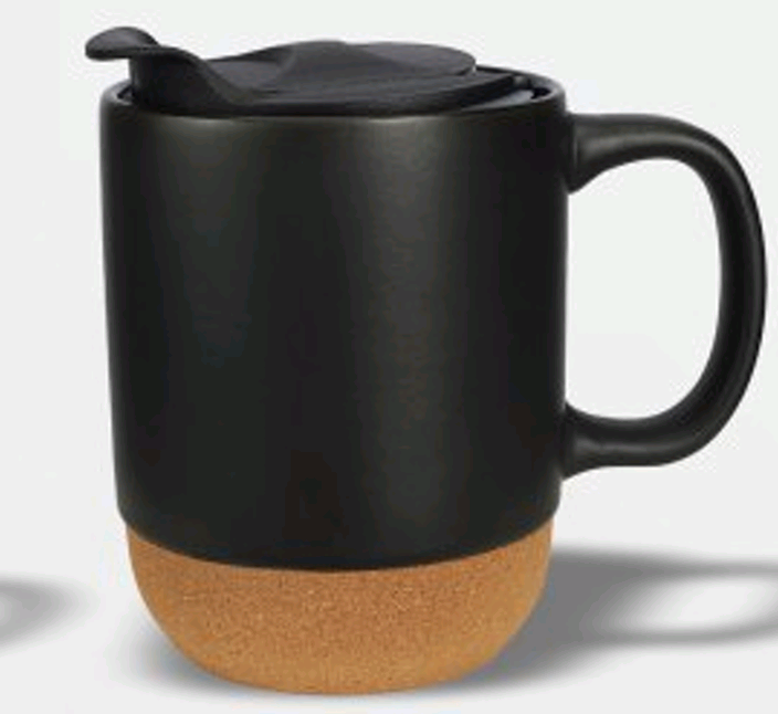 MGC23.  CERAMIC MUG WITH LID AND CORK BASE CAP:250ML