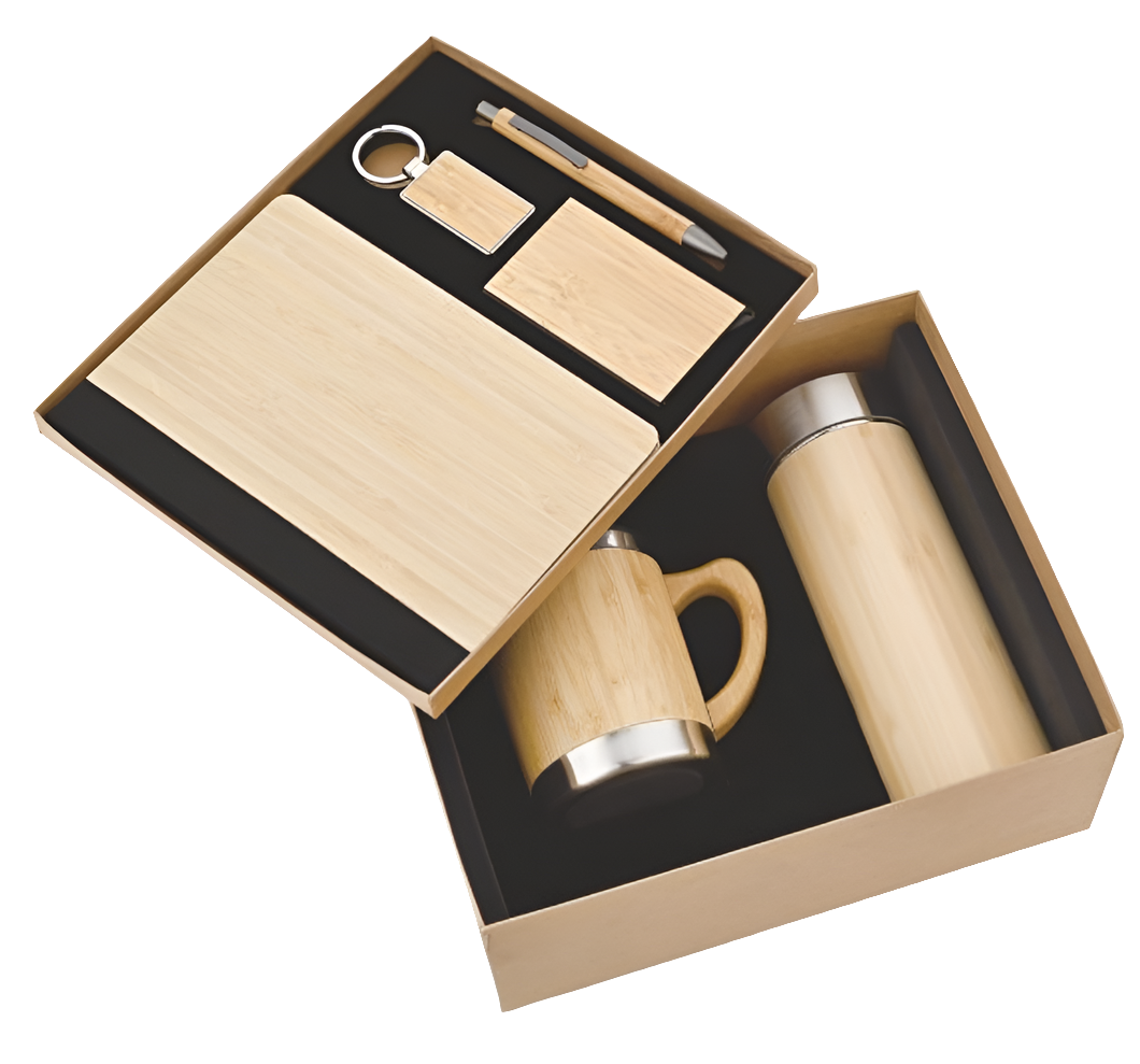 CSDPKC258 Wooden Bottle, Mug, Notebook, Pen, Keychain & Cardholder Set Wooden Look.