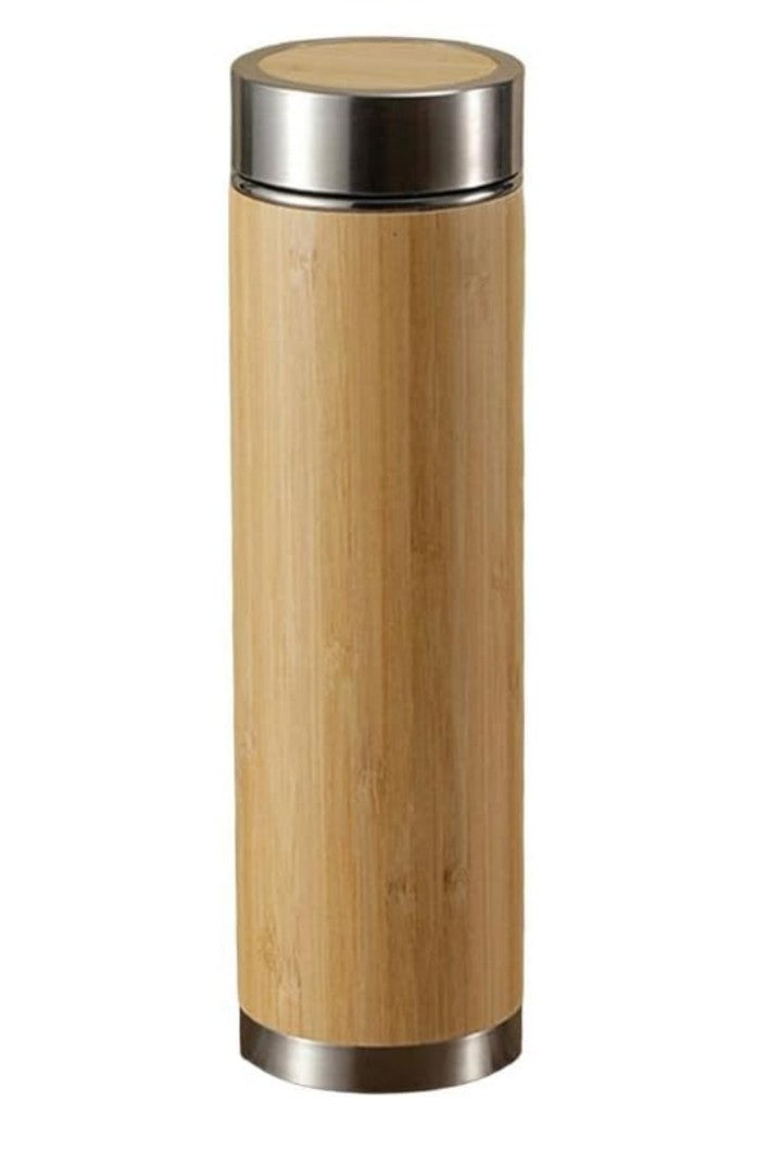 BWBST2WALL03 Bamboo Water Bottle with Stainless Steel Tea Infuser Double Wall Insulated Wooden Flask - Leakproof Thermos Tumbler - Keeps Drinks Hot for 12 Hours and Cold for 24 Hours - 500ml