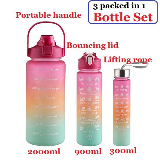 PWB3S001 Water Bottle Set of 3 Pcs Time Marker with Straw, Unbreakable Leak proof BPA free Non-toxic Sipper Bottle for Office, Sports, Gym, School (3 Pcs Set) Assorted Color