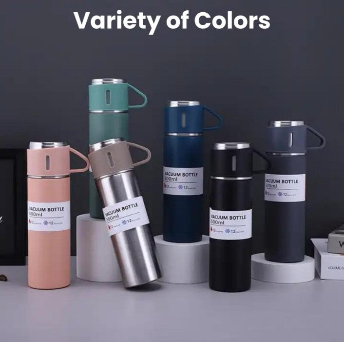 VFSCUPB500ml Vacuum Flask Set with 2 Cups, Insulated Double Wall Stainless Steel 500ml Tea Coffee Thermal Flask with 3 Cups, Hot and Cold Bottle, Corporate Gifts for Employees Christmas Gift, Random Color